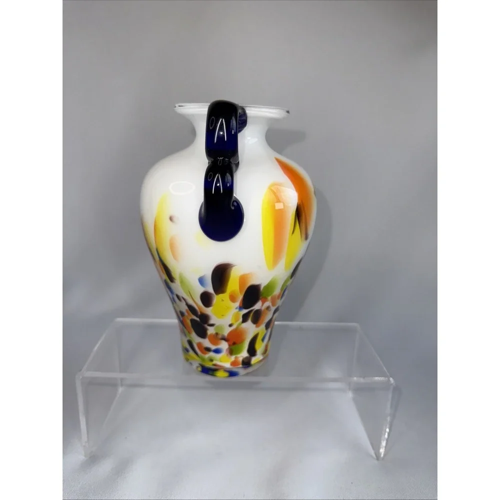 Colorful Glass Vase Speckled Splatter Paint on White Double Cobalt‎ Handle 7